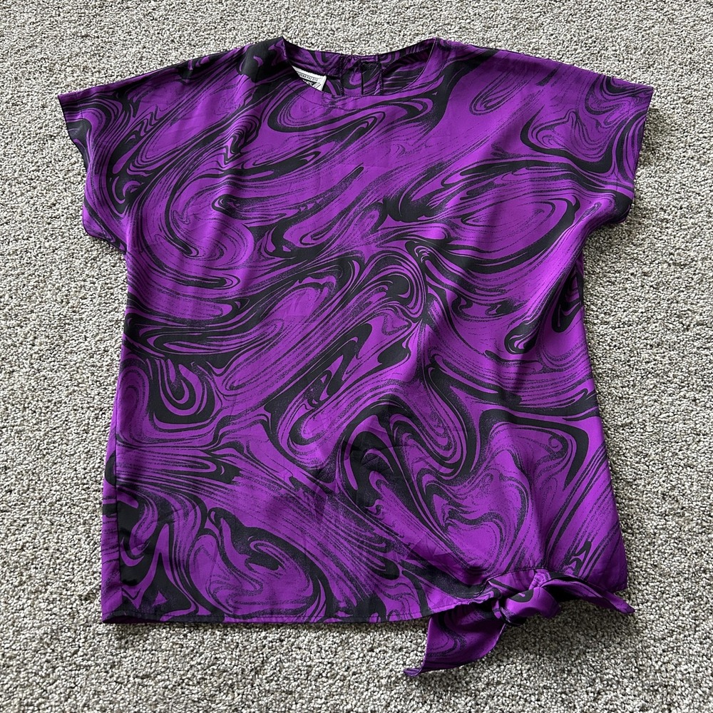 Vintage Jacques Vert Blouse Womens 8 Purple Geometric Short Sleeve Tie Hem Top
